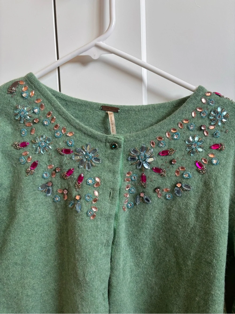 Free People Green Embellished Crewneck Cardigan